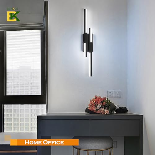 Image of Benkut Modern LED Wall Sconce Black Remote Wall Light Fixtures for Bathroom, Dimmable Vanity Light Indoor LED Remote Wall Sconce for Bedside Bedroom Living Dining Room (27.6inch 3000-6500K 1 Pack)