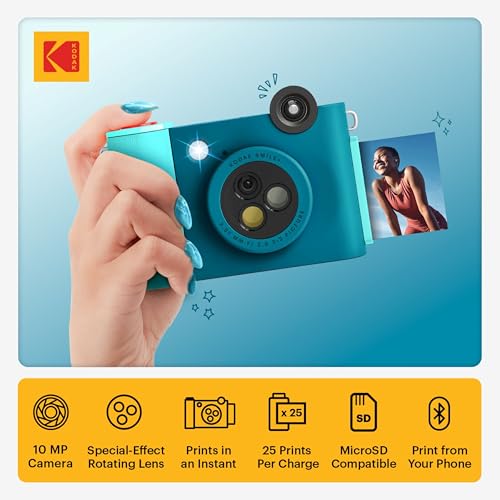 Image of Kodak Smile+ 2-in-1 Digital Instant Print Camera & Photo Printer Gift Bundle + Case + Zink 2x3 Sticky Back Photo Paper 20pk + Album + Sticker Sets + Sticker Frames + Hanging Frames + Markers - Blue