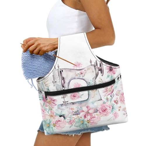 Image of KUIFORTI Yarn Bag Crochet Bag Organizer, Canvas Tote Yarn Storage Knitting Bag for Crocheting, Travel Crochet Bags and Totes, Crochet Accessories, Sewing Machine Flower Design, Large Size