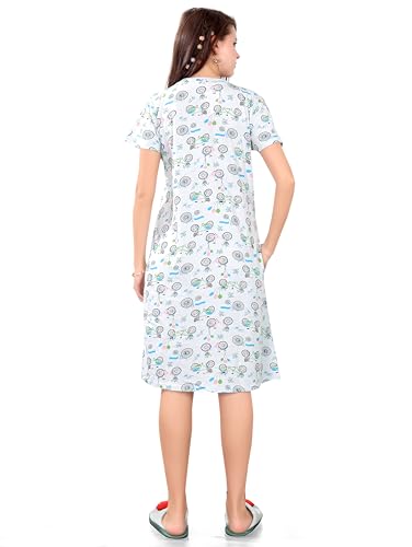 Image of Printed Knee Length Pocket Night Dresses for Women | Cat Lovers | Premium Soft Cotton Nighty | Sky Blue