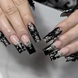 MISUD Press on Nails - Long Square Fake Nails with Goth Black, Acrylic Gothic Cross Bow Design 24 pcs