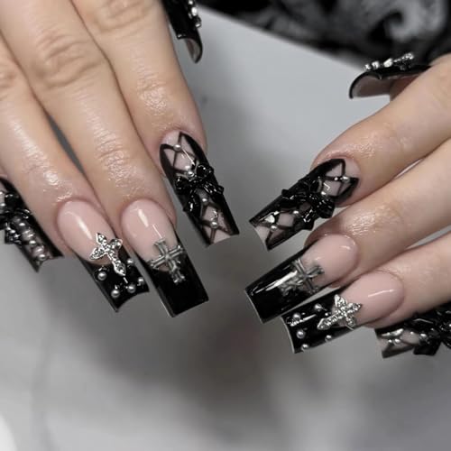 MISUD Press on Nails - Long Square Fake Nails with Goth Black Acrylic Gothic Cross Bow Design 24 pcs
