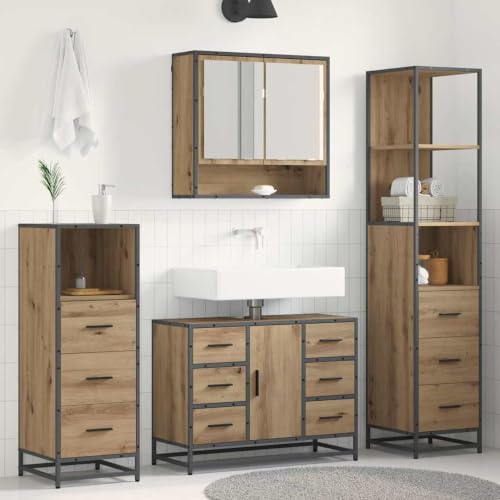 Image of Gecheer Bathroom Furniture Set: 3-piece engineered wood set with mirror cabinet, sink cabinet, and storage unit; sleek modern design with black handles; wall-mounted; ideal for organizing bathrooms; A