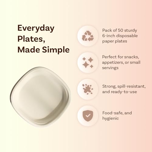 Image of Disposable Paper Plates 6 inch, 50 Count, Square, Beige | Eco-Friendly Sugarcane Plates for Wedding, Party, Cafes | Ideal for Both Hot & Cold Food