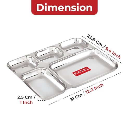 Image of HAZEL Stainless Steel 5 Compartment Section Plate | Divided Meal Tray for Kids & Adults | All-in-One Thali for Lunch, Dinner & Serving