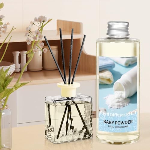 Image of STRN Reed Diffuser Refill, Baby Powder Scented Reed Diffuser Set, 200ml with Sticks, Long-Lasting Aromatherapy, Summer Fragrance for Bedroom, Spa, Bathroom, Office
