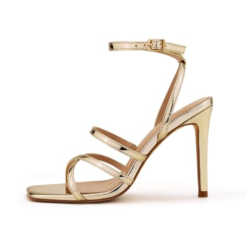 Image of Elisabet Tang Women's Crystal Stilettos Heeled Sandals, 4 Inch Square Open Toe Strappy Sexy High Heels Ankle Strap Buckle Heels for Party Wedding Dress Daily Wear Shoes