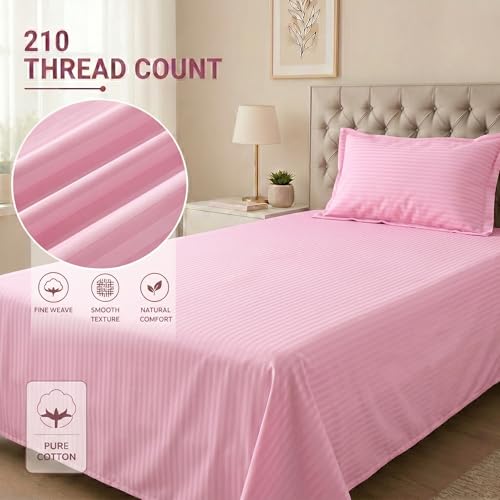 Image of Mafatlal Classic 210 TC 100% Cotton Single Bedsheet | 90 x 60 Inches | Gentle & Soft Cotton | Italian Stripes Pattern | Breathable Everyday Comfort | Light Pink