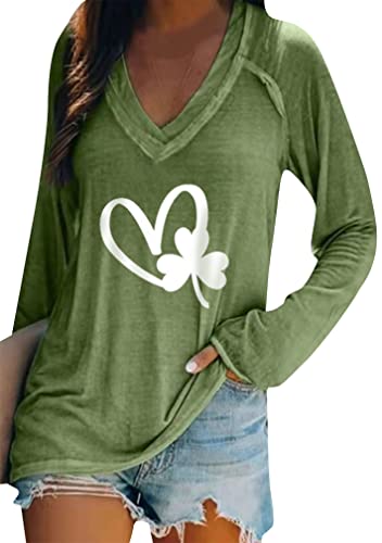 Image of BOFETA Women St Patricks Day Sweatshirts Loose Long Sleeve Shirts Green Shamrock Print Blouse Flowy Color Block Pullover Tops