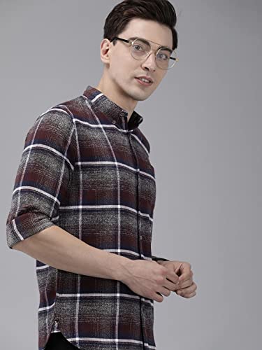 Image of THE BEAR HOUSE Men's Cotton Grey & Maroon Checks Slim Fit Shirt | L |TBH-Albion-GY-L |