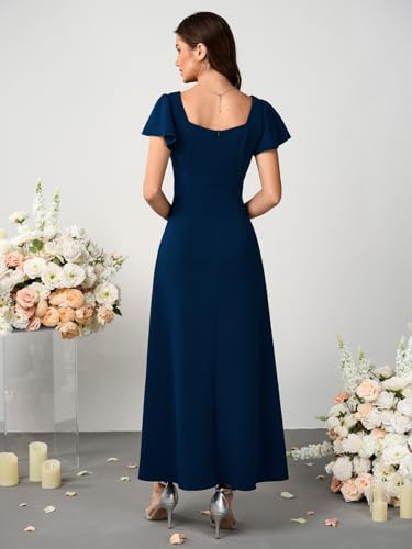 Image of Womens Long Semi Formal Cocktail Dresses Square Neck Split Elegant Evening Party Gowns Ruffle Wedding Guest Dress