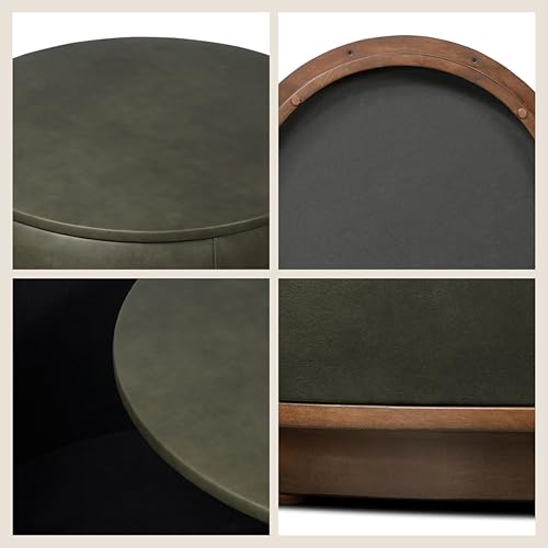 Image of Poly & BARK Herve Storage Ottoman in Olivine Green - Round Italian Full-Grain Leather Ottoman with Hidden Storage, Walnut Wood Base, Premium Accent Furniture, and Living Room Storage Solution
