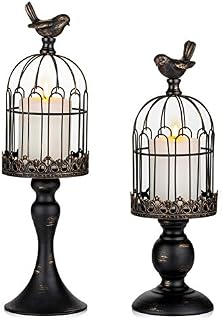 Sziqiqi Vintage Bird Cage Candleholder Metallic Lantern Set of 2 Decorative Shabby Chic Candle Holders Ornaments for Pillar Candle Tabletop Wedding Centerpiece Fireplace Mantel Decor Distressed Black