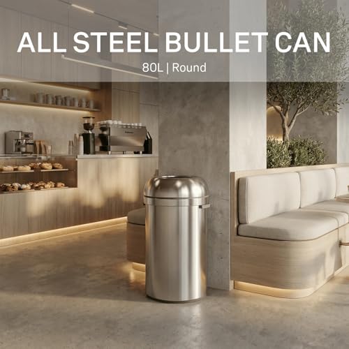 Image of simplehuman All Steel Bullet Can, 80L / 21.1 Gallon Premium Commercial Trash Can for Hotels, Museums, Galleries, Upscale Spaces, Heavy Gauge Steel, ADA-Compliant, Brushed Stainless Steel
