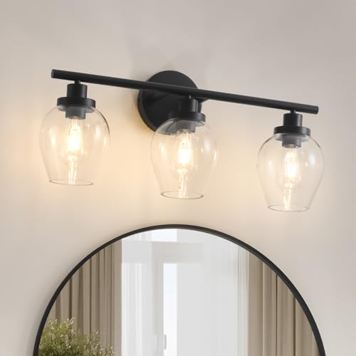 Smplhavn 2025 Upgraded 3-Light Bathroom Light Fixtures, Black Modern Vanity Lights with Clear Glass Globe Shade, Bathroom Wall Lamp Over Mirror for Bathroom Living Room Hallway Cabinet Bedroom Porch