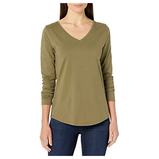 Amazon Essentials Women's Classic-Fit 100% Cotton Long-Sleeve V-Neck T-Shirt, Olive, Medium
