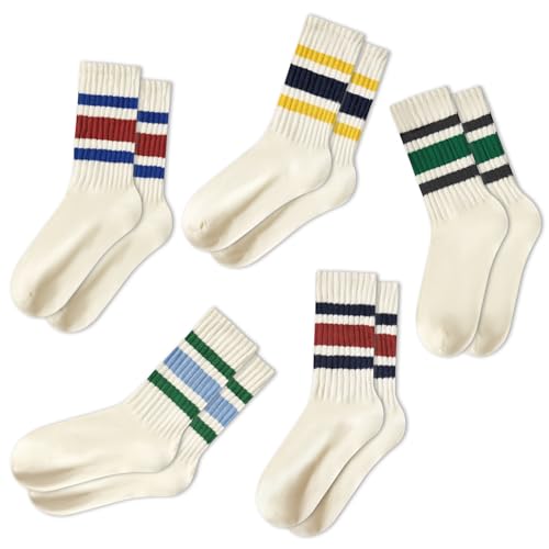 Image of Vintage Striped Crew Socks Slouchy Calf Tube Socks for Women and Men | Retro Athletic Mid-Calf Socks, Stretchy Knit Casual Comfort for Running Golf Tennis Volleyball & Daily Wear
