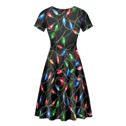 Image of POLERO Women Puffy Swing Elegant Party Midi Dresses Short Sleeve Round Neck A-Line Dress