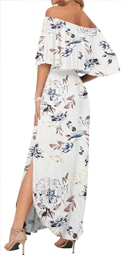 Image of AUSELILY Womens Off Shoulder Ruffle Split Summer Maxi Dresses with Pockets | Off-shoulder Ruffle dress with empire waist & side split for summer beach and casual parties