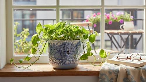 Image of Glass Finish Terracotta Planter Pot for Home Decor | Flower Pot | Blue and White, Krishna and Peacock Theme, 11.4cm x 10cm