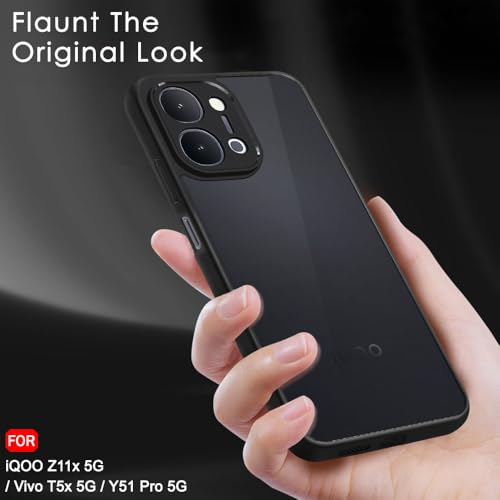 Image of TheGiftKart Hybrid Shockproof Back Cover Case for iQOO Z11x 5G / Vivo T5x 5G / Vivo Y51 Pro 5G | Camera Protection Bump | Smoke Black Matte Hard Translucent Back Cover Case (PC & TPU, Black Bumper)