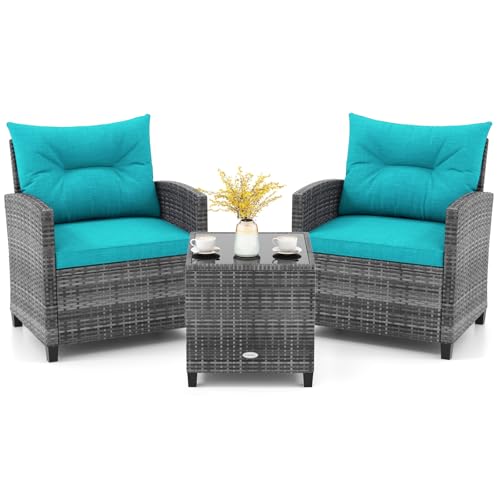 KOTEK 3 Piece Patio Furniture Set, Outdoor PE Rattan Conversation Set with Washable Cushions & Tempered Glass Tabletop, Wicker Chairs and Table Set for Porch, Garden, Balcony (Turquoise)