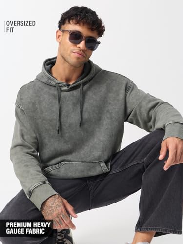 Image of The Souled Store Oversized Hoodie: Ash Grey Men and Boys Full Sleeves Hooded Neck Solid Cotton Lightweight Everyday Streetwear All-Season Winter Wear Casual Oversized Fit Pullover Hoodie