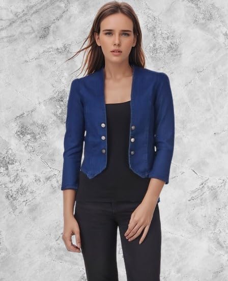 Image of Women's Blue Cropped Blazer, 3 /4 Sleeve, Button Front, Formal Jacket