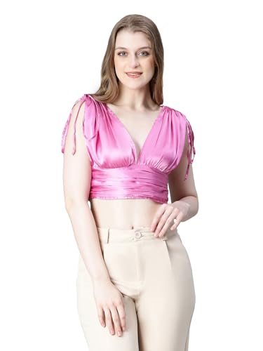Image of oxolloxo Women Solid V-Neck Elasticated Tie-Up Satin Crop Top