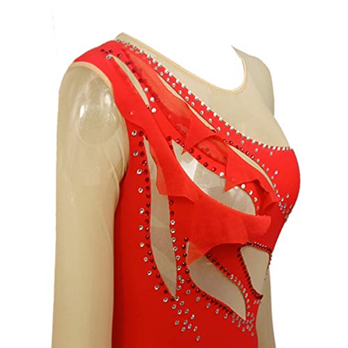 Vestido de patinação no gelo vermelho 4 formas elástico feminino manga comprida vestido de dança pat