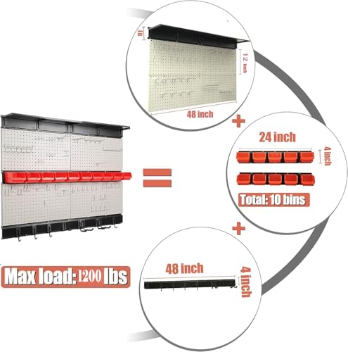 Ultrawall Pegboard Wall Organizer, 48 X 36 inch Garage Storage Pegboard with Hooks Storage Bins Tool Board Panel Tool Organizer, 72pcs