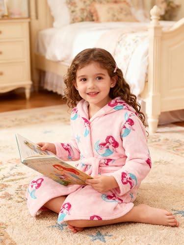 Image of Girls Fleece Hooded Robes, Warm Printed Bath Robe for Kids Soft Fuzzy Bathrobe for Gifts