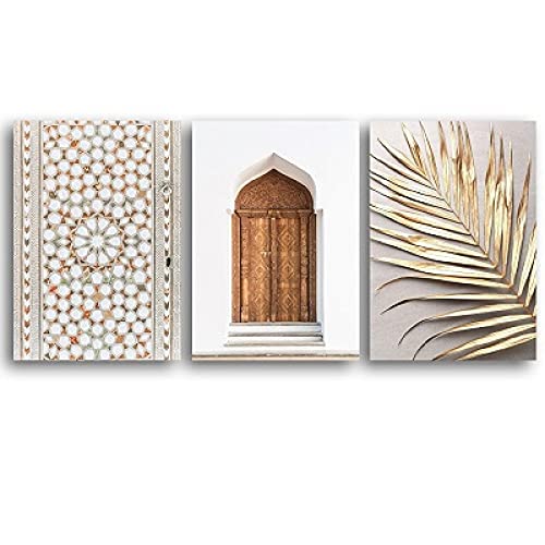 Art mural bohême marocaine avec 3 affiches d'architecture en feuille d'or pour salon 50x70 cm