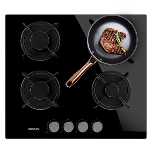 Cecotec Placa de Gas 4 Fuegos Bolero Squad GN 4200S Glass Black. 8kW, Preparada para Gas Natural, Cristal Negro, Parrillas Individuales de Hierro Fundido, Quemador Wok, Seguridad Válvulas
