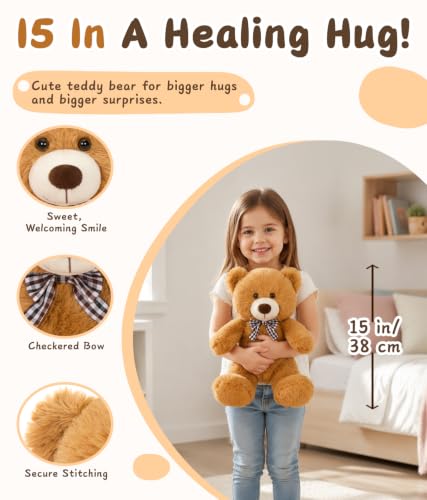 Image of MaoGoLan 15-Inch Small Teddy Bear, Cuddly Plush with Checkered Bow for Kids