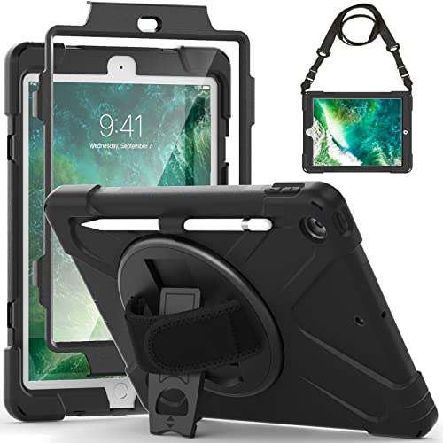 Gerutek Coque pour iPad 6è Gén 2018 / iPad 5è Gén 2017 9.7"+Protection d'écran, Étui Robuste Antichoc, Support Rotatif, Bandoulière et Bandoulière à Main, Protection Housse pour iPad 6è/5è 9.7", Noir Cover
