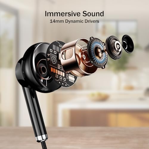 Image of pTron Boom Play X6 in-Ear Type C Wired Earphones with Mic, 14mm Drivers for Pristine Sound, 1.2M Tangle-Free Cable, in-Line Controls, Snug-Fit & Wide Compatibility with C Type Devices (Black)