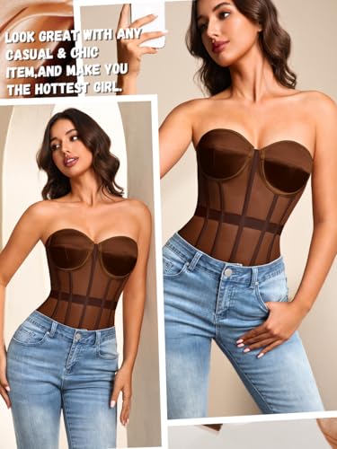 Image of Kaei&Shi Sheer Mesh Overbust Corset,Sexy Strapless Lace Up Satin Bra Corsets Top For Women Shapewear