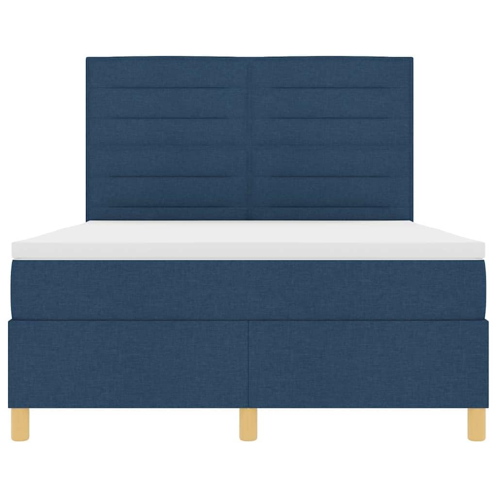 Cama con somier de 140 x 200 cm, tejido azul, con cabecero, colchón de muelles ensacados, madera maciza de pino, diseño moderno de dormitorio para parejas