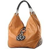 modamoda de 330 Sac à bandoulière en cuir nappa et daim pour femme Fabriqué à la main en Italie, Camel/marron foncé, L