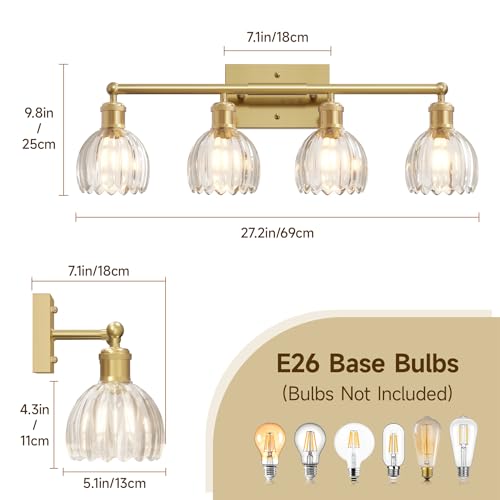 Image of 4 Light 27.2 in Bathroom Vanity Light,Rustic Brass Bathroom Lighting Fixtures Over Mirror, Vintage Vanity Mirror Lights Clear Tulip Glass Wall Sconce for Living Room,Bedroom,Hallway,E26 Base