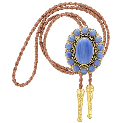 Image of GelConnie Bolo Tie for Men Women Western Cowboy Turquoise Leather Necktie | Natural Stone Bolo Tie Necklace for Women Rodeo Cowboy Leather Necktie Native American Western Cowgirl Ties Adjustable Cord