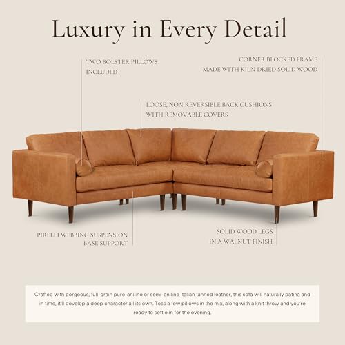 Image of Poly & BARK Napa 98 inch Leather Corner Sectional Sofa - Full-Grain Italian-Tanned Aniline Leather, Feather-Down Comfort, Solid Wood Frame - Cognac Tan