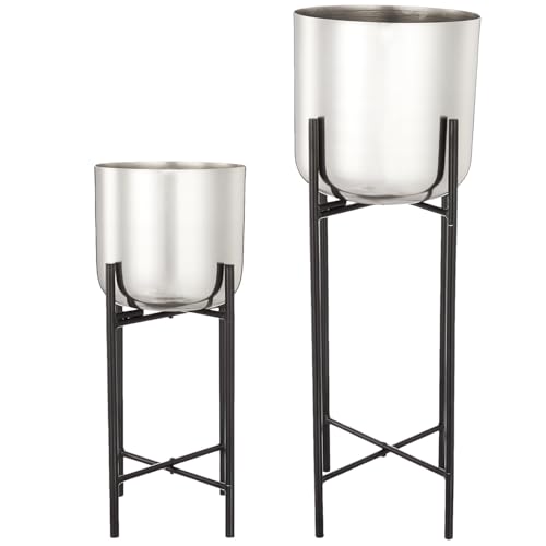 Image of amazon basics Set of 2 Planter with Plant Stand and Flower Pot for Home Decor and Indoor and Outdoor Gardening (Silver Finish)