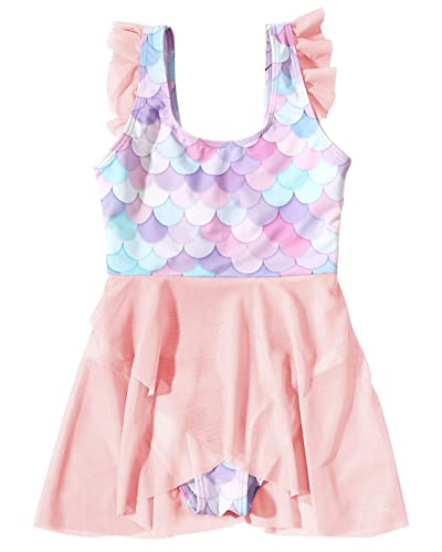 Girls Cute One Piece Swimsuit Ruffle Sleeve Mermaid Bathing Suits Tulle Dress Swimwear