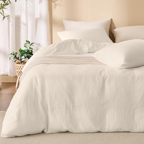 RENEWROOTS Ivory White Duvet Cover Queen Size 100% Sandwashed Cotton Soft Queen Duvet Cover Set 3 Pieces with Zipper Clousre & Corner Buttons (Ivory White Queen 90 x 90)