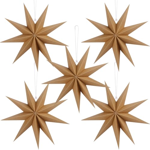 Image of 12 Inches 5 PCS Brown Paper Star Lanterns Christmas Party Decorations Hanging Stars Christmas Party Decorations Wedding Birthday Christmas Home Party Decorations(9 Pointed)