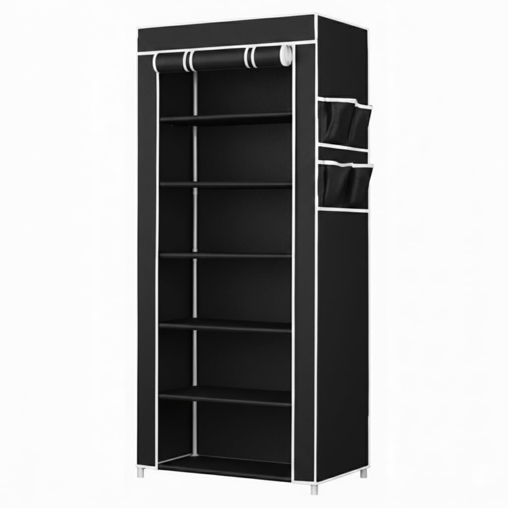 EASY BUY Black Shoe Rack with Cover, Plastic Rack 6 Shelves with Zip Door Cover & Side Pockets | Dustproof Multiuse Storage Organizer for Footwear, Clothes, Toys, Shoe Rack Plastic, Slipper Stand