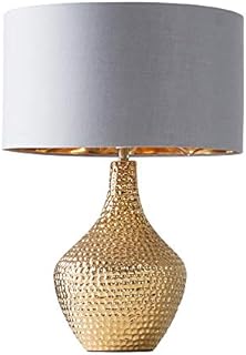 MiniSun Modern Metallic Gold Indent Textured Ceramic Table Lamp with a Grey/Gold Drum Shade