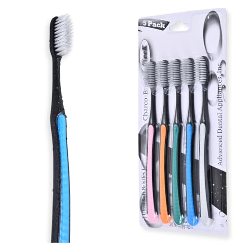 Image of ADA Cavity Defense Activated Charcoal Toothbrush 5 Pack Ultra-Soft Flosspick Bristle for Sensitive Teeth & Gums, Aids in Teeth Whitening, Extra Soft, Slim Grip (5 Count)